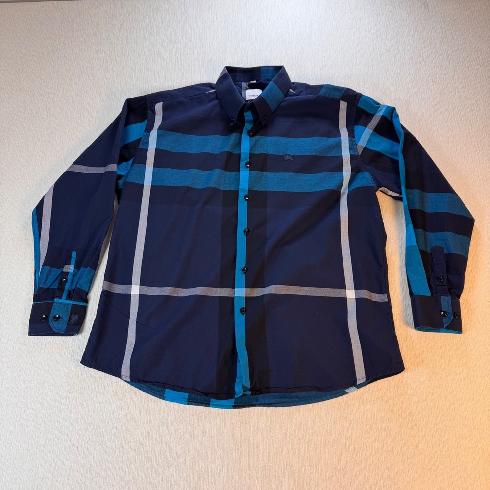 Burberry London England Mens Shirt Sz 44 Blue Check Button Down Luxury Preppy